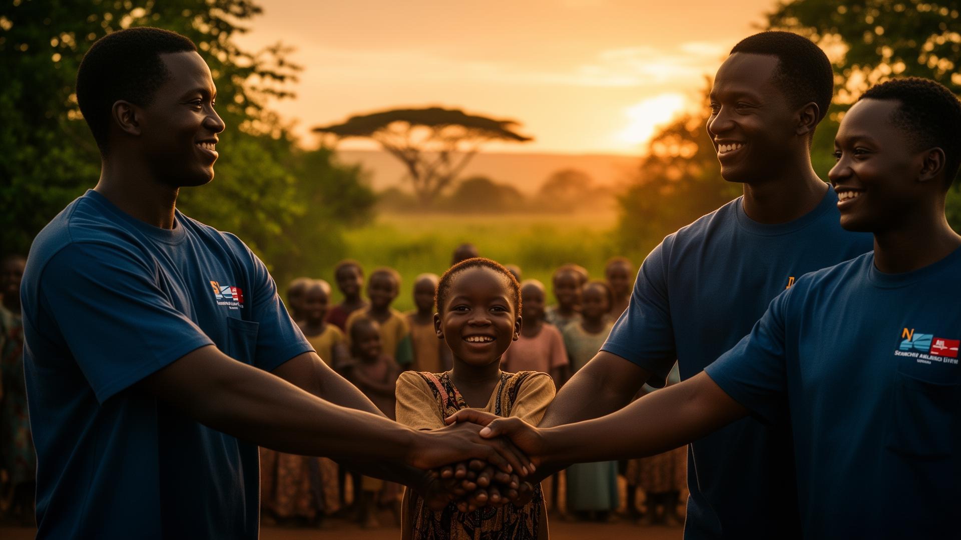 Volunteers and a child joining hands at sunset